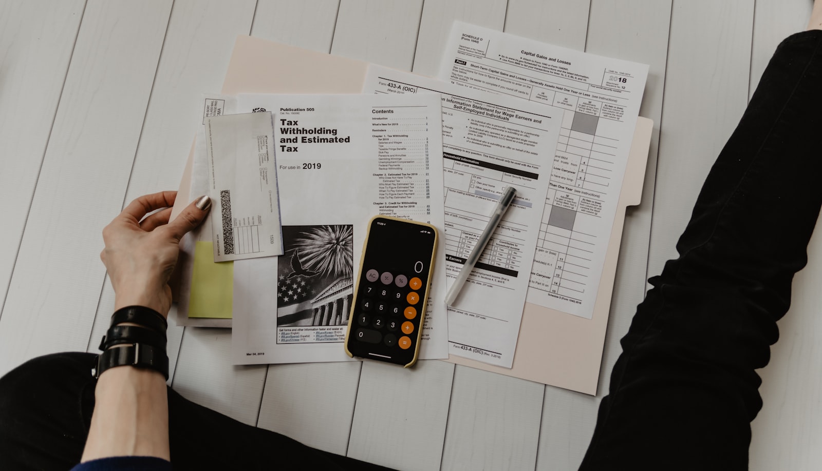Notebook with financial planning notes and a calculator on a clean desk